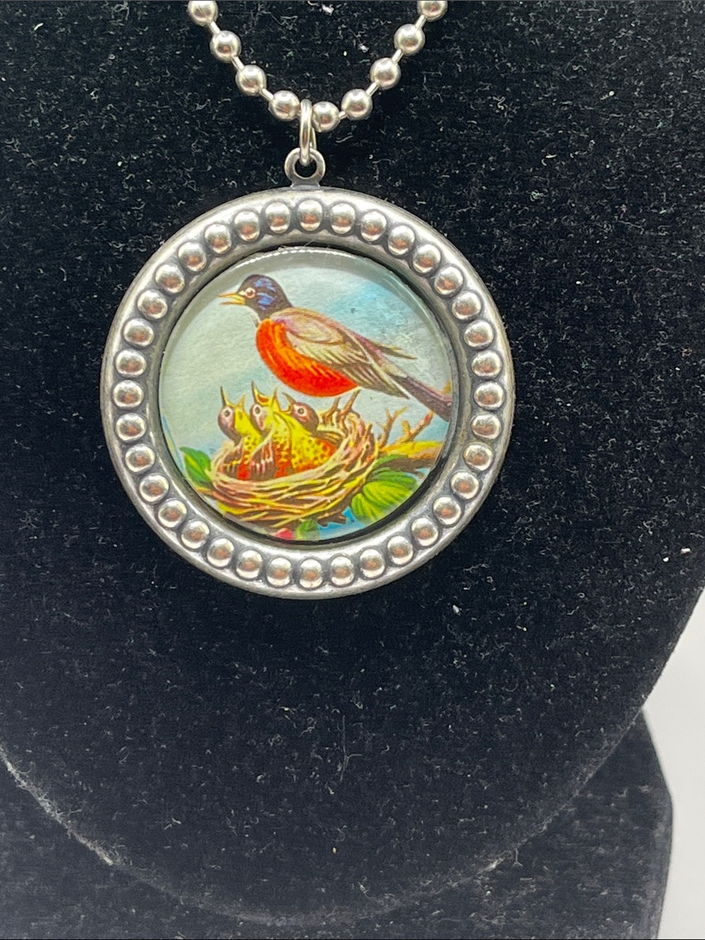 Silver-Tone Bird Pendant Necklace with Orange & Blue Bird Motif - - Picture 3 of 6
